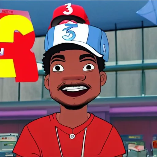 Image similar to a tv still of Chance The Rapper starring in a 2006 Pixar Animated movie