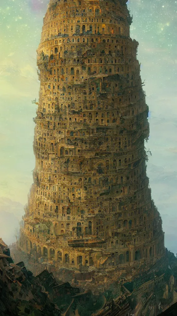 Image similar to a beautiful painting of the tower of babel, at night with a sky full of stars, intricate, elegant, highly detailed, digital painting, artstation, concept art, by krenz cushart and artem demura and alphonse mucha