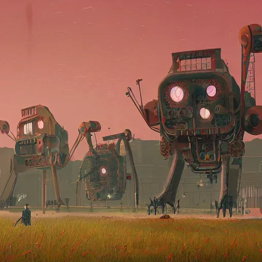 Prompt: the wretched mechanical giants who plague our kingdom, art by Simon Stalenhag