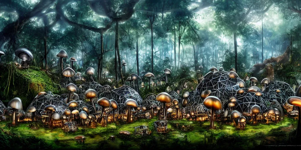 Prompt: a clearing in the jungle reveals a chrome metal village full of mushroom houses, matte oil painting, cybernetic, science fantasy, retrofuturistic, biblical, rpg, queer, pride, epic, extremely detailed, sharp focus, 4 k