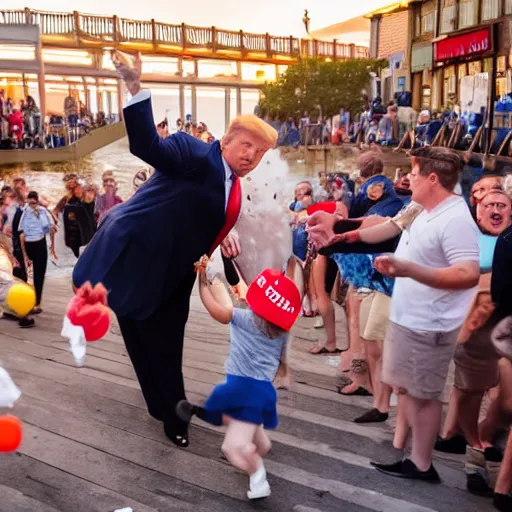 Image similar to donald trump throwing pudding onto citizens, citizens soaked with pudding, golden hour, boardwalk, professional photography