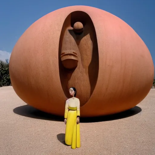 Prompt: a woman standing next to a large wooden ball, a marble sculpture by fernando botero, pexels contest winner, qajar art, full body, windows vista, ray tracing