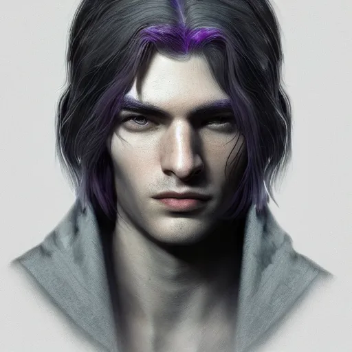 Image similar to a highly detailed Portrait of a young man with light gray long hair, purple eyes, in a black cloak, artstation, DeviantArt, professional, octane render