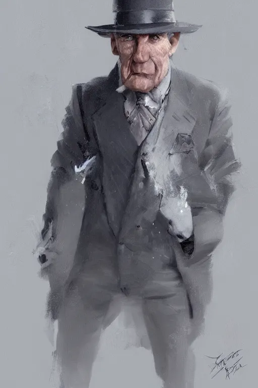 Prompt: a grey hair old halfling with stubble no beard top hat and suit by Greg Rutkowski, painting, portrait, HD, high details, trending on artstation