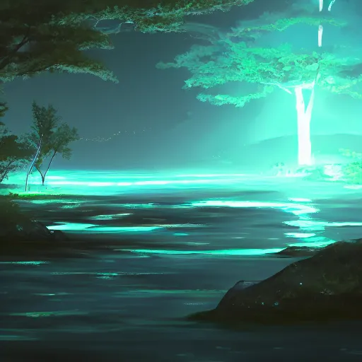 Prompt: A bioluminescent river at night, Makoto Shinkai style