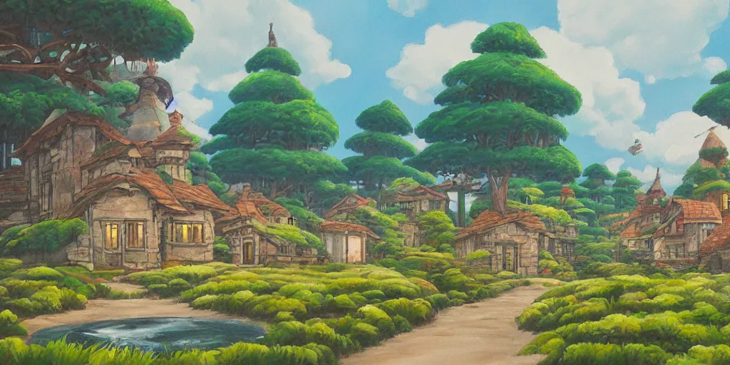 Prompt: a beautiful painting of landscape, mysterious buildings, ghibli style