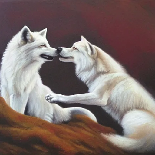 Prompt: A White Wolf kissing a Fox, oil painting