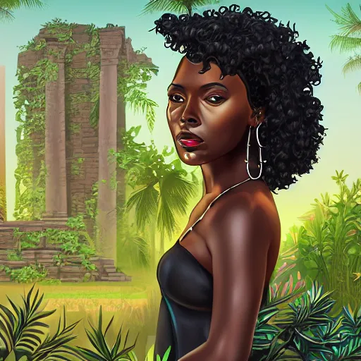 Image similar to a portrait of a black curly woman and ancient ruins with plants,digital art,retrowave art,trending on art station