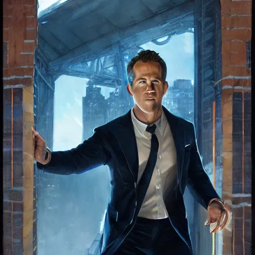 Image similar to ryan reynolds as spider - man, wearing a black and blue suit, cinematic, volumetric lighting, f 8 aperture, cinematic eastman 5 3 8 4 film, photorealistic by greg rutkowski, by stanley artgerm, by alphonse mucha