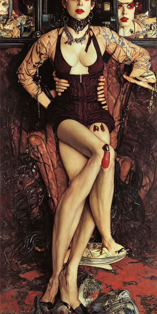 Image similar to portrait of an urban female vampire, with an unusual sense of fashion, by donato giancola and norman rockwell.