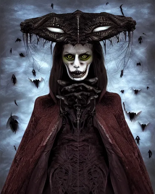 Image similar to halloween vampire theme surrealist art in the styles of igor morski, jim warren, and a tim burton film, intricate, hyperrealistic, accurate facial details, profile picture with chromakey background, volumetric lighting