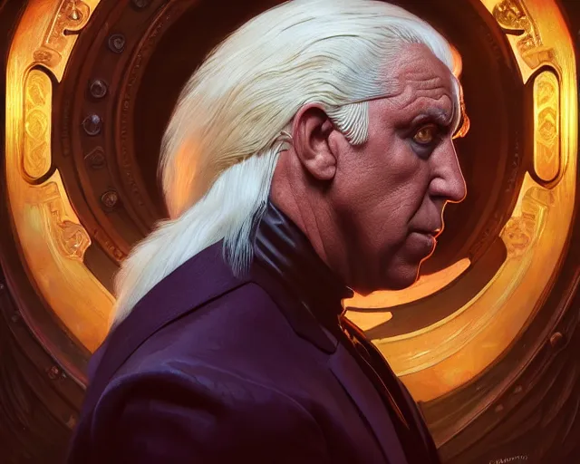 Image similar to photography of ric flair, deep focus, d & d, fantasy, intricate, elegant, highly detailed, digital painting, artstation, concept art, matte, sharp focus, illustration, hearthstone, art by artgerm and greg rutkowski and alphonse mucha