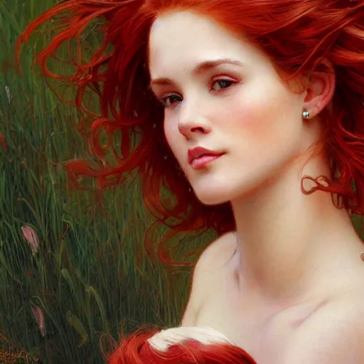 Prompt: highly detailed closeup portrait of beautiful woman with red hair, very detailed, realistic, card, by Stanley Artgerm Lau, greg rutkowski, thomas kindkade, alphonse mucha, loish, norman rockwell J.