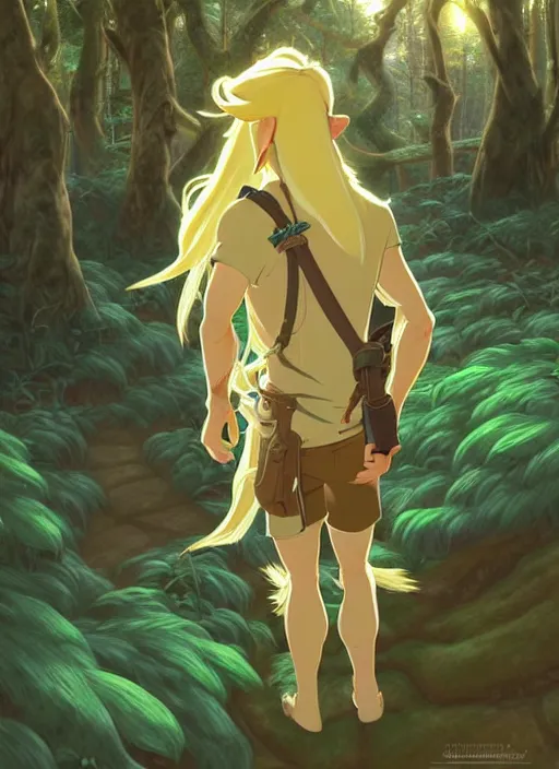 Prompt: young man with long blond hair, from behind, lost in a forest, natural lighting, path traced, highly detailed, high quality, digital painting, by don bluth and ross tran and studio ghibli and alphonse mucha, artgerm, breath of the wild