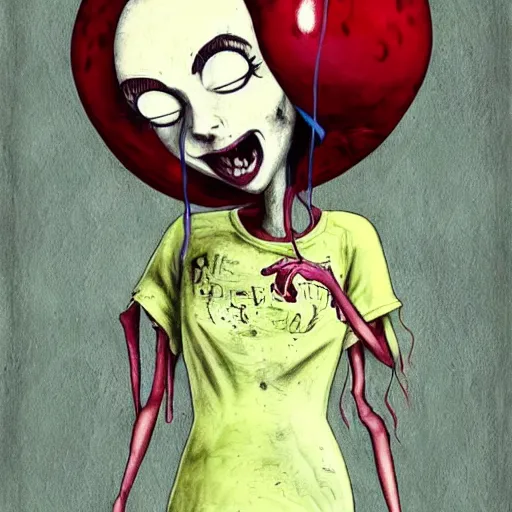 Image similar to grunge painting of a billie eilish with a wide smile and a red balloon by tim burton, loony toons style, pennywise style, corpse bride style, rick and morty style, creepy lighting, horror theme, detailed, elegant, intricate, conceptual