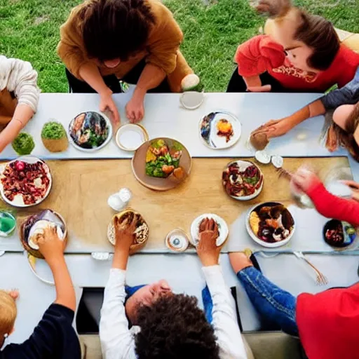 Image similar to an image of a large traditional family sitting around the table for dinner but one of the kids is floating above the table, perfect faces