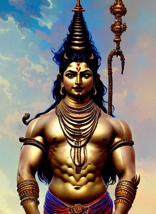 Prompt: perfectly centered full figure portrait of hindu god lord shiva, mythological armour, muscular! cyberpunk, intricate, elegant, highly detailed, digital painting, artstation, concept art, sharp focus, illustration, art by artgerm and greg rutkowski and alphonse mucha, bright natural light