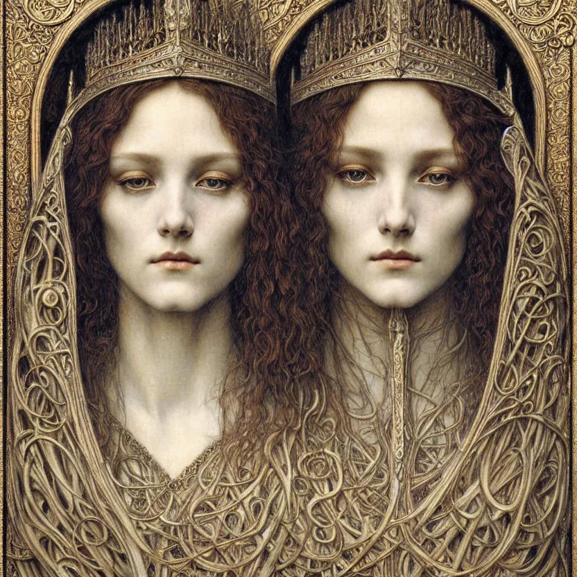 Image similar to detailed realistic beautiful young medieval queen face portrait by jean delville, gustave dore and marco mazzoni, art nouveau, symbolist, visionary, gothic, pre - raphaelite. horizontal symmetry