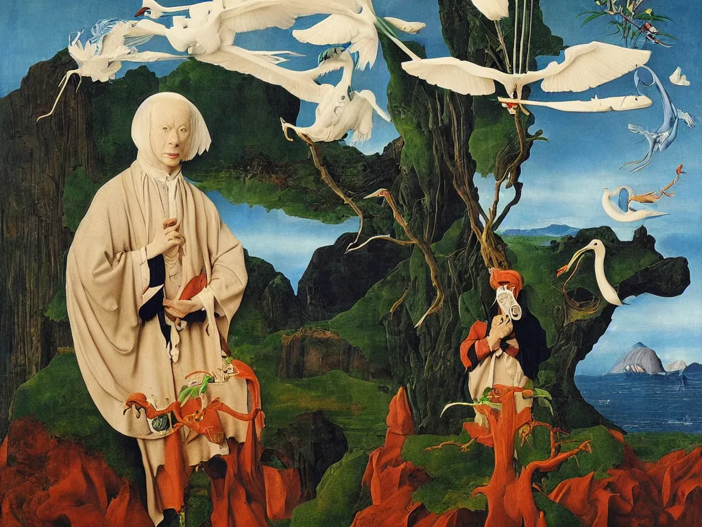 Prompt: Portrait of albino mystic with blue eyes, with exotic beautiful orchid crane. Landscape with tsunami, giant wave, boulder. Painting by Jan van Eyck, Audubon, Rene Magritte, Agnes Pelton, Max Ernst, Walton Ford