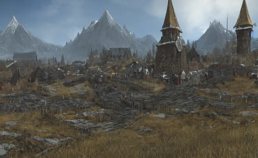 Prompt: whiterun in the style of vsevolod ivanov