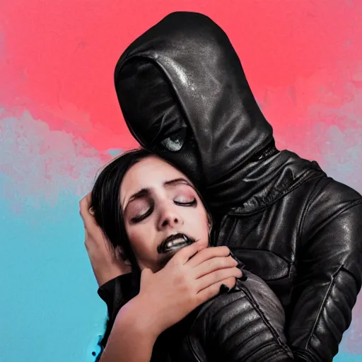 Image similar to Hot young woman, grey skin, void eyeballs, tattoos, wearing a leather jacket, hugging a shrouded and phantom masked person as they cry on her chest, comforting, touching, wholesome, digital art, concept art, unreal engine 5, watercolour, big sister, little brother, realistic, 4k, 8k