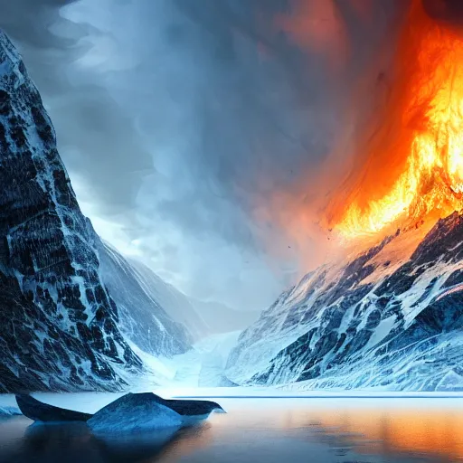 Prompt: alaskan glacier on fire, dim volumetric lighting, 8 k octane beautifully detailed render, post - processing, extremely hyper - detailed, intricate, epic composition, giant bananas natural disaster, cinematic lighting, masterpiece, trending on artstation, detailed detailed detailed, masterpiece, stunning art by anders zorn, wonderful masterpiece by greg rutkowski, beautiful cinematic light