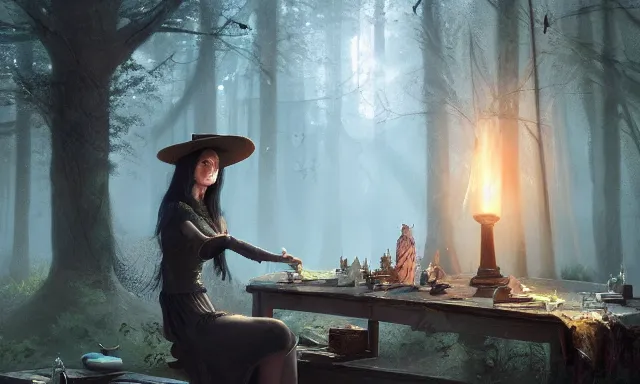 Prompt: witch doing a card trick, cardistry, cards, fantasy, digital art, soft lighting, nature, 8 k, fantasy concept art by greg rutkowski