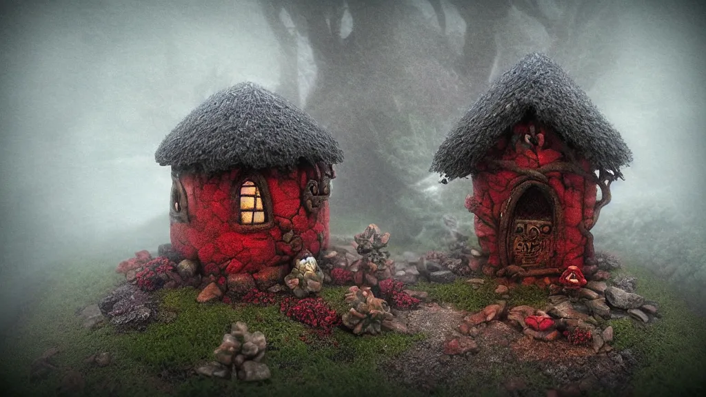 Prompt: fantasy red heart cottage made of stone, style by Hedgehog in the Fog , by Yuri Norstein art, Mouse Guard by David Petersen,Mouse Guard, foggy atmosphere, volumetric lighting