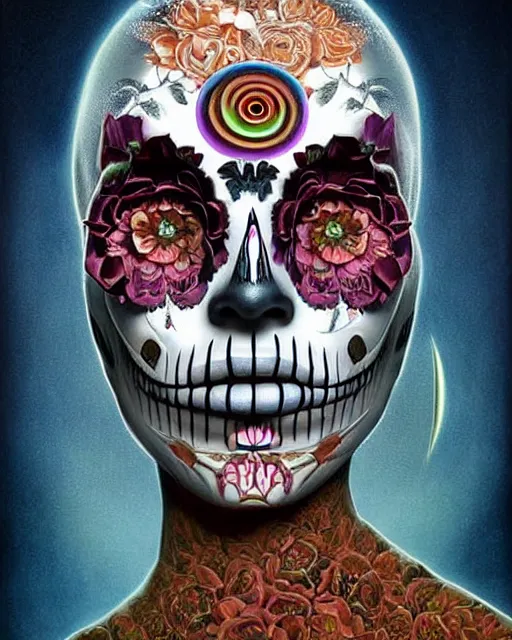 Image similar to dia de los muertos theme surrealist art in the styles of igor morski, jim warren, and osborne macharia, intricate, hyperrealistic, accurate facial details, profile picture with chromakey!!!!! background, volumetric lighting