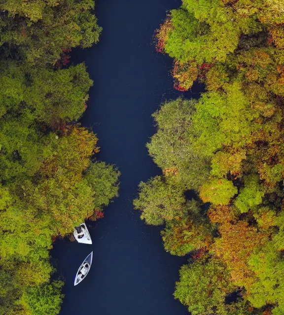 Prompt: an overhead close shot of a boat in a narrow stream, shady, ripples, reflections, trees, stream shore. By Makoto Shinkai, Stanley Artgerm Lau, WLOP, Rossdraws, James Jean, Andrei Riabovitchev, Marc Simonetti, krenz cushart, Sakimichan, trending on ArtStation, digital art.