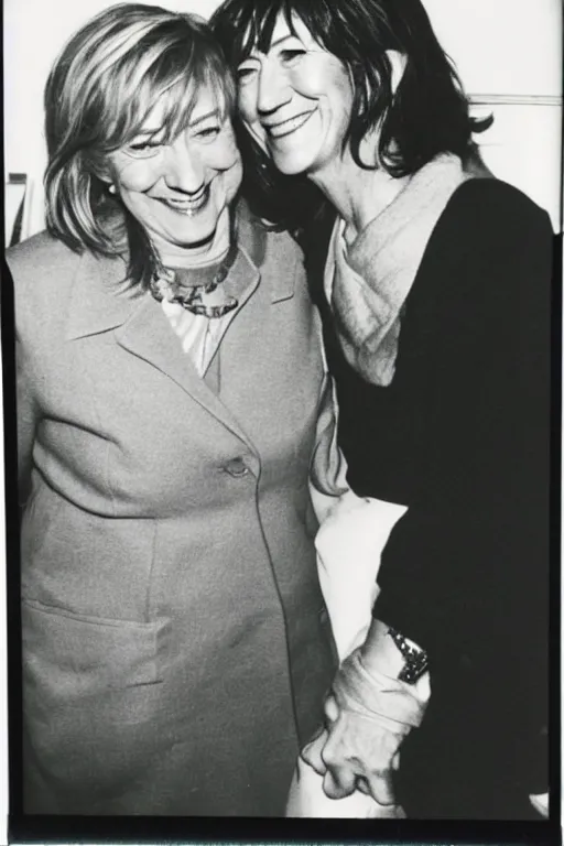 Image similar to a polaroid of Hillary clinton and ghislaine maxwell hugging and smiling