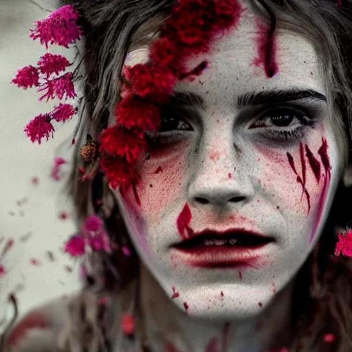 Prompt: 3 5 mm coloured film portrait of emma watson as aghori sadhu covered in ash creature, hyperrealism, celestial red flowers vibe, photorealistic, detailed, atmospheric, 8 k, award winning photography, cinematic