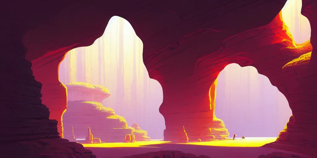 Image similar to deep natural cave wall, low ceiling, dynamic light, illustration by moebius, rhads, syd mead, dan mumford, clean thick line, comics style