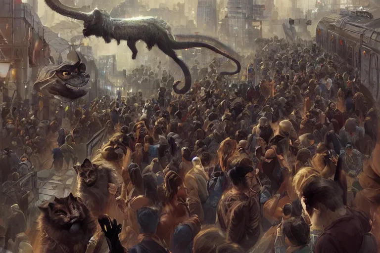 Image similar to subway mayhem as people rush to get on the train that is a chimera cat train, highly detailed, digital painting, artstation, concept art, smooth, sharp focus, illustration, art by greg rutkowski