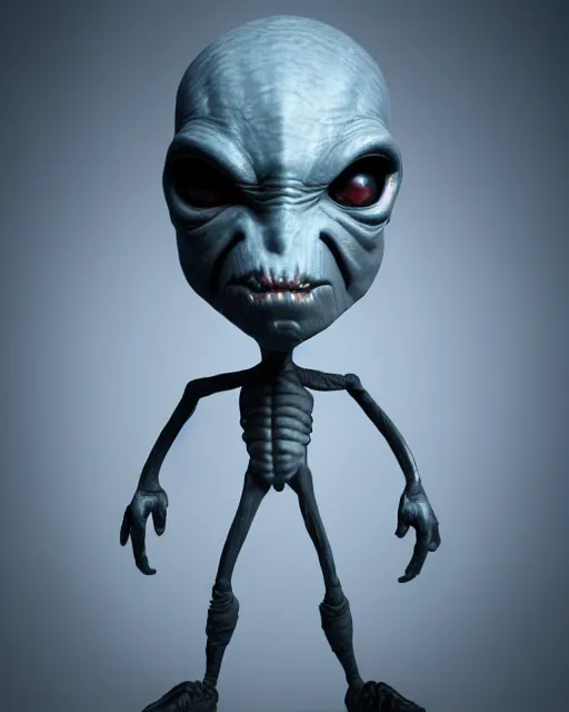 Prompt: full body dark and intimidating portrait of an angry grey alien with sharp glowing black eyes, standing upright with blue wispy light highlighting from behind its figure on a black background, scary, dark and high resolution, 3 d, rim lighting, octane render, 8 k, ultra detailed, photorealistic,