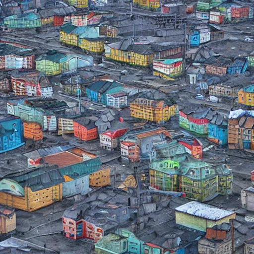 Image similar to flying houses - shaped city street norilsk on moon, city, telephoto, street