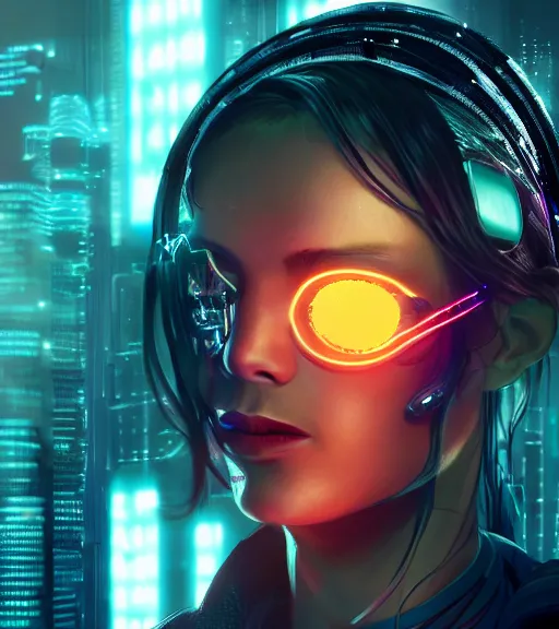 Image similar to a cyberpunk woman with a sparkling sphere in the neck, hyperrealistic, cyber world, ambient lighting, concept art, hyper - detailed, smooth, octane, ray tracing, cinematic, high quality