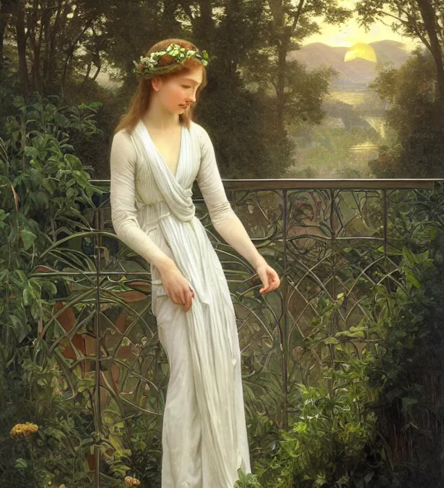 Image similar to intricate oil painting of a young elf woman wearing white and light green, looking out at the sunrise over rivendell from her art nouveau balcony, elegant, digital painting, smooth, sharp focus, illustration, ultra realistic, 8 k, by bouguereau, alphonse mucha, artgerm, and donato giancola