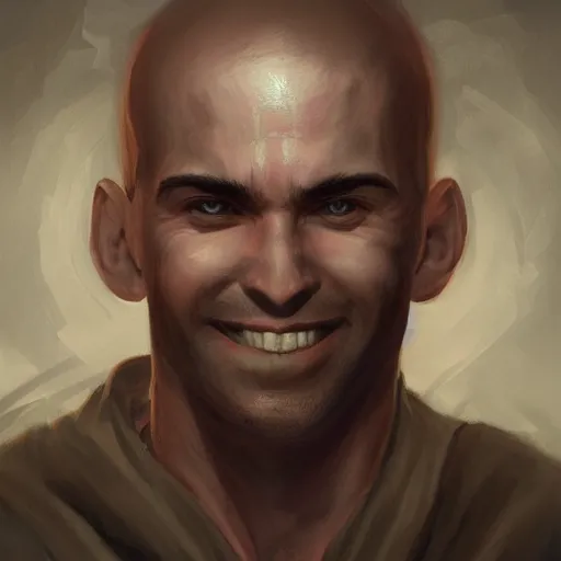 Prompt: a head - on detailed oil portrait of a round - faced bald male martial artist with a large friendly smile, by charlie bowater, lise deharme, wlop, trending on artstation, dungeon and dragons art, l critical role