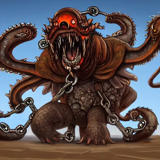 Prompt: bloated featherless large crow - octopuss hybrid, dragon - like, large body, angry, chained up, chains, world of warcraft art style, wow cinematic cutscene, sand, desert ruins, lovecraftian, dnd, eldritchpunk, + ink sketch by mark harrison