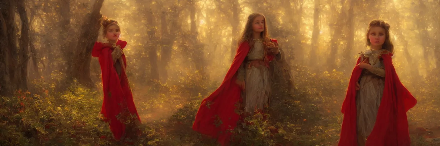 Image similar to portrait of a beautiful young girl wearing a red cloak in the nigh, extremely realistic and highly detailed painting by gaston bussiere and j. c. leyendecker 8 k, sharp focus, octane render, dramatic volumetric lighting and extremely realistic faces