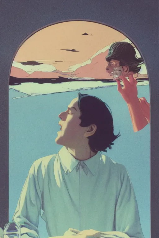 Prompt: an transparent glass portrait of a young english man sucking a blotter paper of lsd acid and dreaming psychedelic hallucinations in the vast icy landscape of antarctica, by kawase hasui, moebius and edward hopper, colorful flat surreal design, xray hd, 8 k, artstation