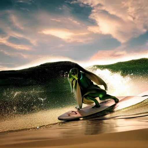 Image similar to stunning awe inspiring yoda surfing, movie still 8 k hdr atmospheric lighting