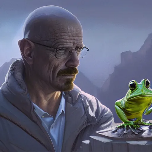 Image similar to a frog and walter white, intricate, highly detailed, digital painting, artstation, concept art, smooth, sharp focus, illustration, unreal engine 5, 8 k, art by artgerm and greg rutkowski and alphonse mucha