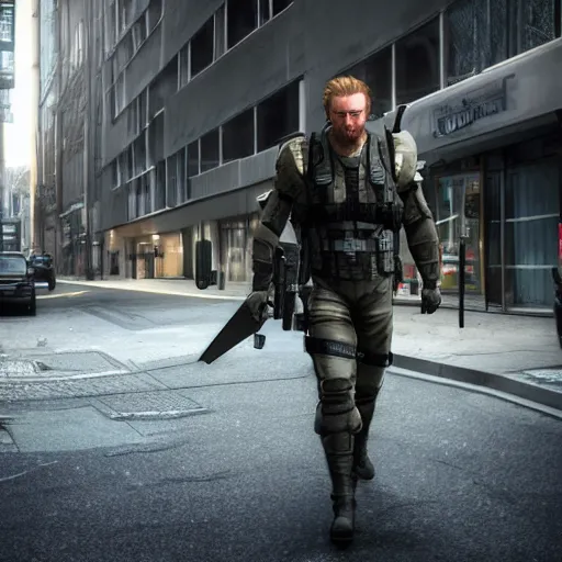 Image similar to Limmy on the streets of Glasgow dressed a solid snake from metal gear solid, unreal engine, octane render, 4k, cinematic,