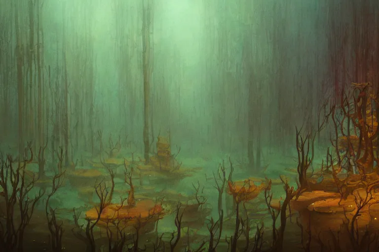 Image similar to Fantastical murky underwater forest by Shaun Tan and Moebius, trending on artstation