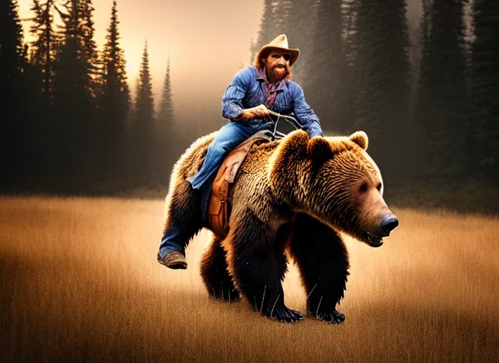 Image similar to portrait photo of chuck norris riding his grizzly bear to work at dawn. fantasy magic style. highly detailed 8 k. intricate. lifelike. soft light. sony a 7 r iv 5 5 mm. cinematic post - processing.