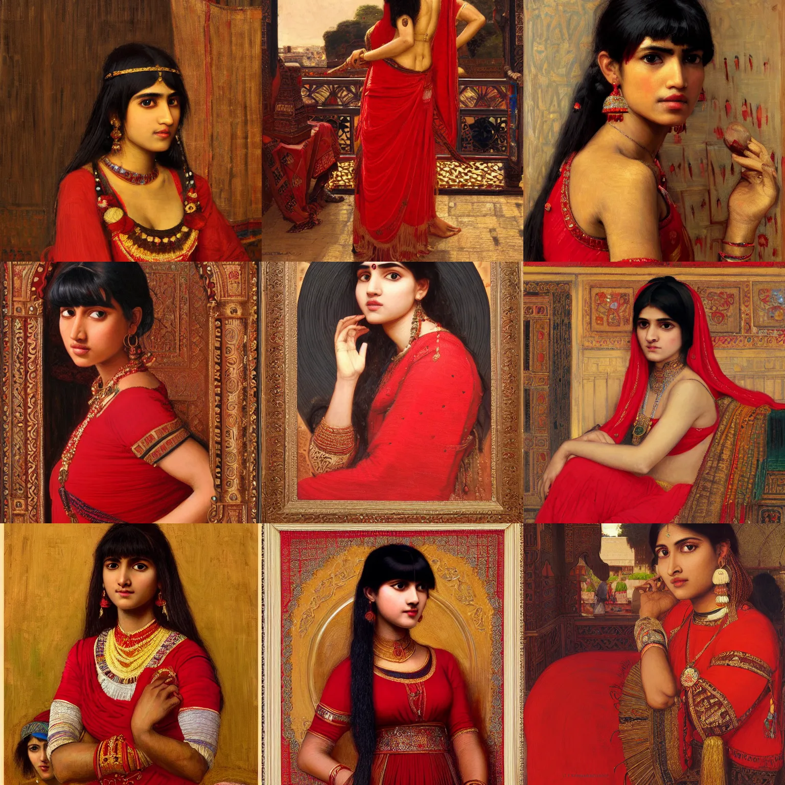 Prompt: orientalist portrait of an indian woman with bangs wearing a red dress selling tapestries in a busy marketplace intricate artwork by Fabio Fabbi and john william waterhouse and Edwin Longsden Long and Nasreddine Dinet and Theodore Ralli trending on artstation, very coherent symmetrical artwork high detail 8k