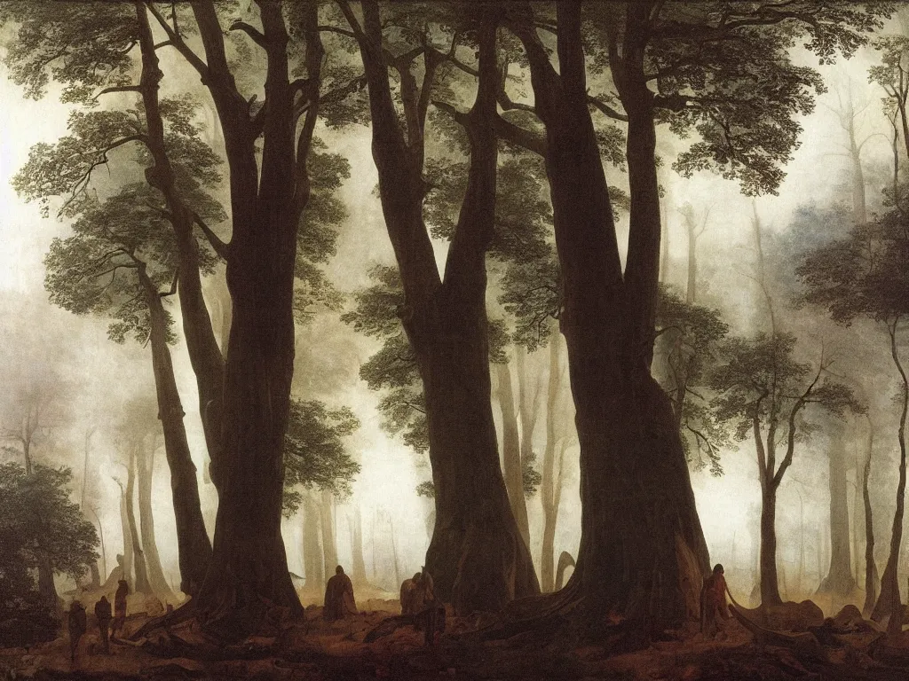 Image similar to People from the tribes stuck in the mud near a giant fallen sequoia tree. Fog. Painting by Caspar David Friedrich,Caravaggio