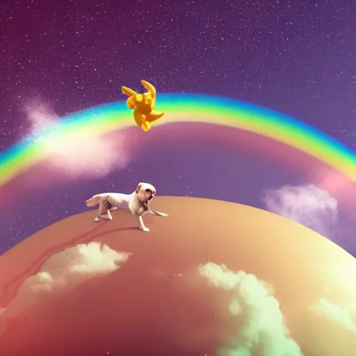 Image similar to 3d model of a dog flying in space farting a rainbow, octane render, 8k, hyper realistic